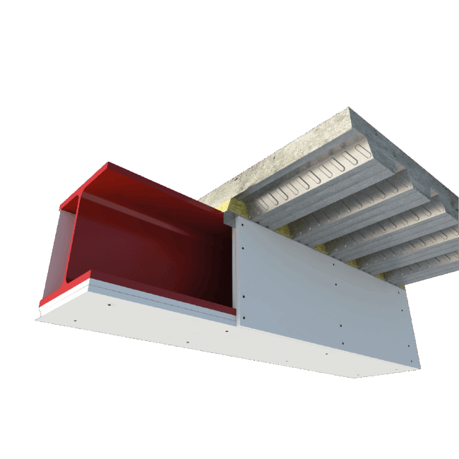 Cutaway view of a steel beam with fireproof cladding under a concrete floor slab.