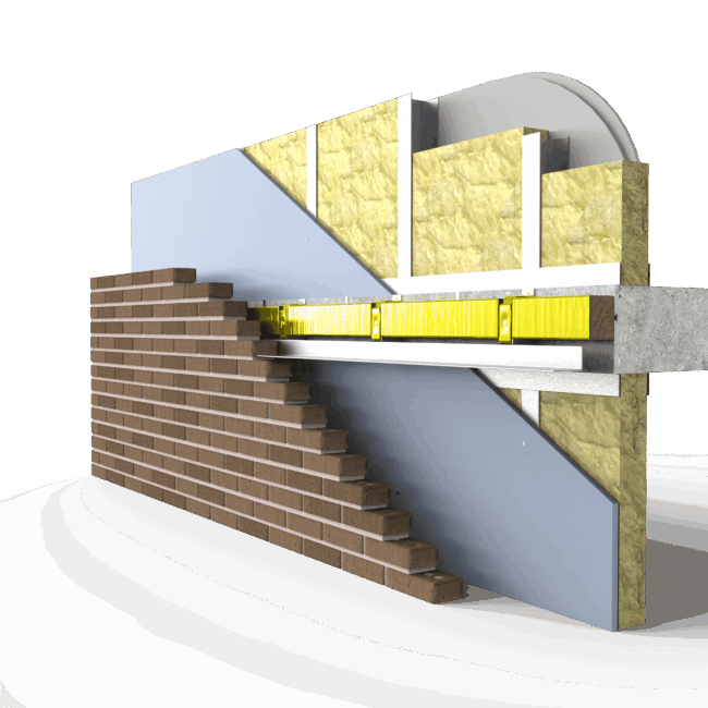 Cutaway view of a layered wall showing brick, insulation, drywall, and a yellow spirit level.