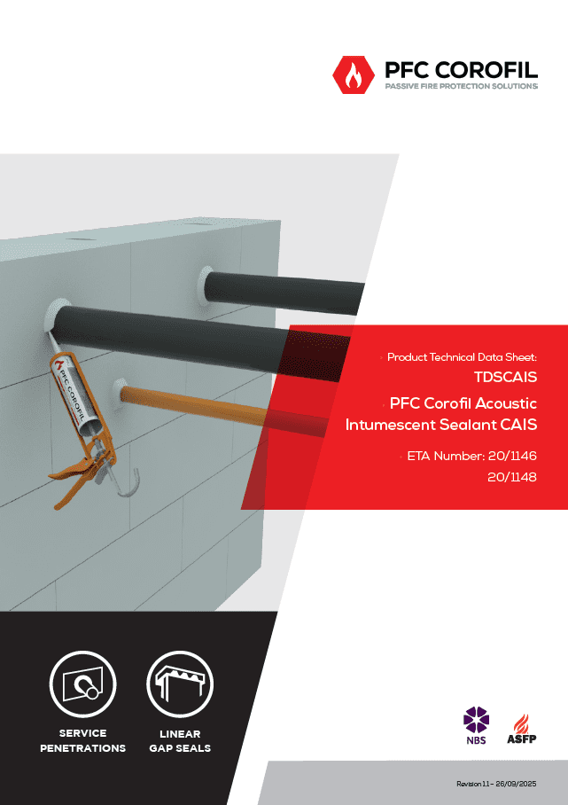 Three pipes enter a wall; one is sealed with orange PFC Corofil Acoustic Intumescent Sealant.
