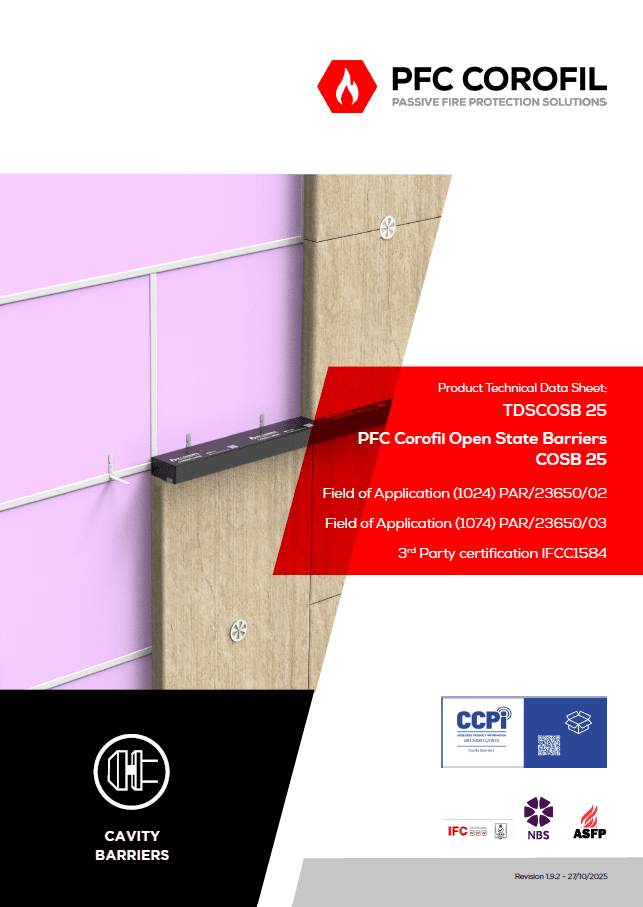 Cavity barrier in wall shown with technical info and certification logos.