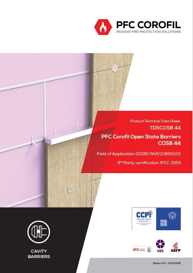 Diagram of a fire barrier behind a wall, product details displayed on the right side.