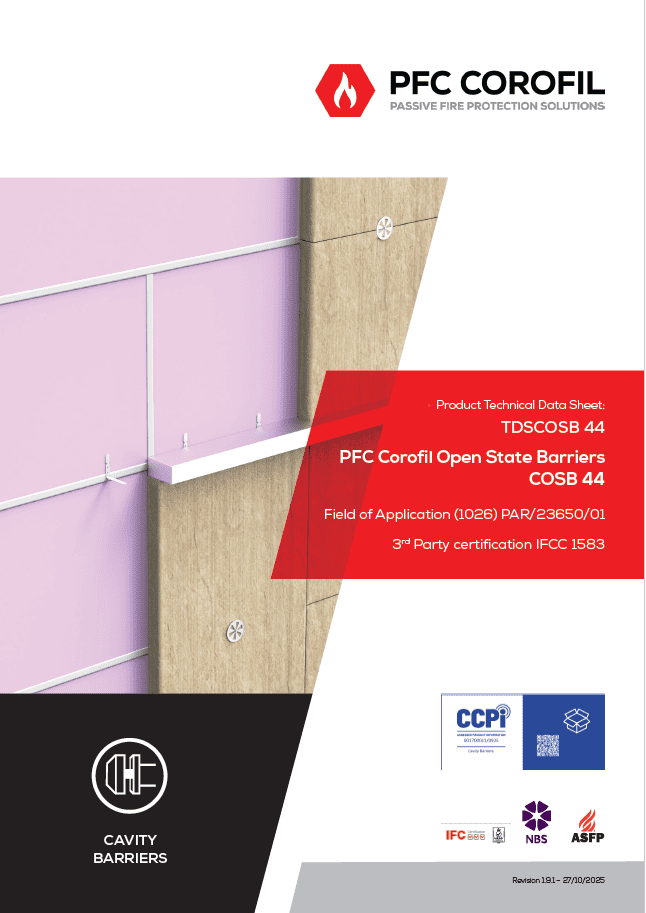 Diagram of a fire barrier behind a wall, product details displayed on the right side.