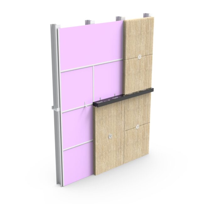 3D rendering of a wall section with pink insulation and beige panels, partially installed.