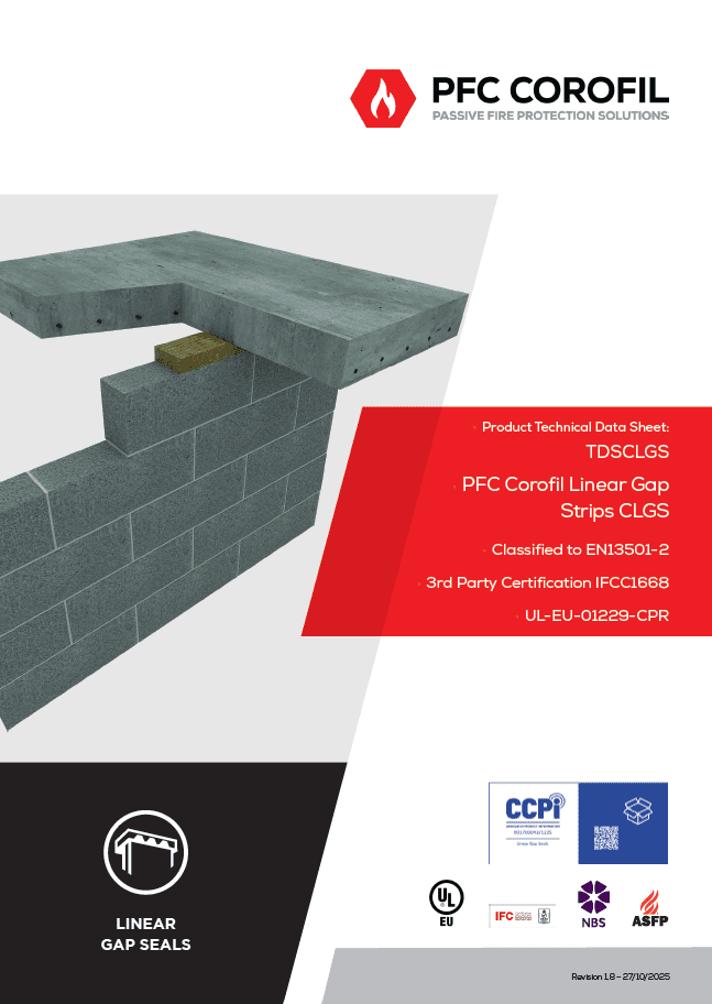 3D block diagram of a wall gap seal featuring PFC Corofil branding and certification logos.