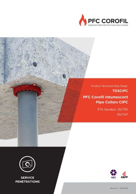 Pipe with red collar goes through concrete slab; text and logos appear on the right side.