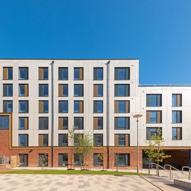 Modern apartment building with large windows, brick and white facade, trees, and a clear blue sky.