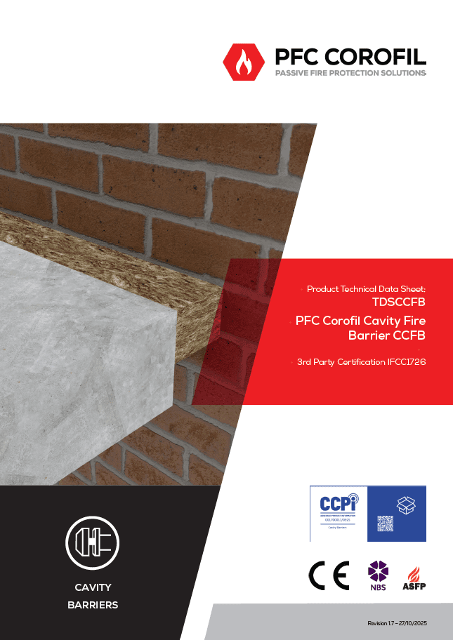 Brick and concrete wall with insulation on PFC Corofil Cavity Fire Barrier brochure cover.