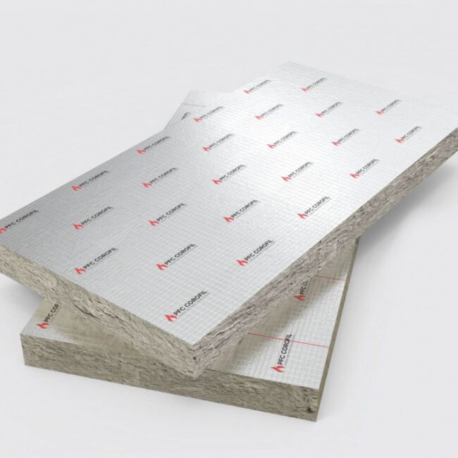Two silver insulation panels with printed logos stacked on a white background.