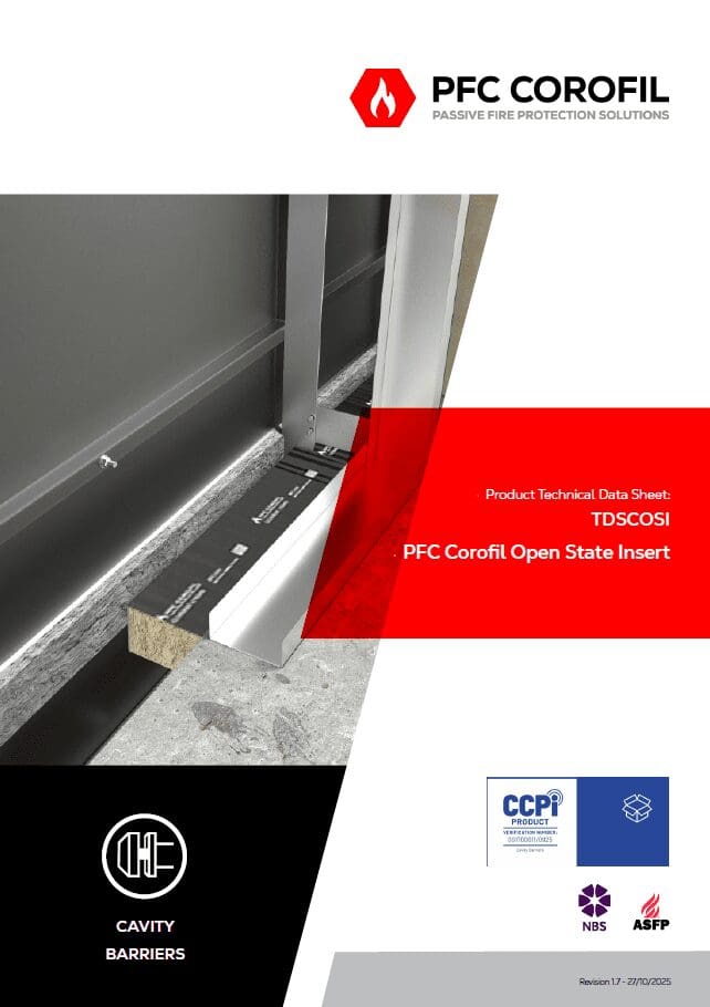 PFC Corofil Open State Insert sheet featuring company logos and an image of the cavity barrier.