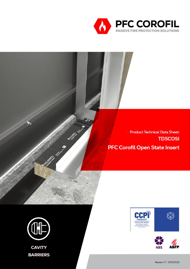 PFC Corofil Open State Insert sheet featuring company logos and an image of the cavity barrier.