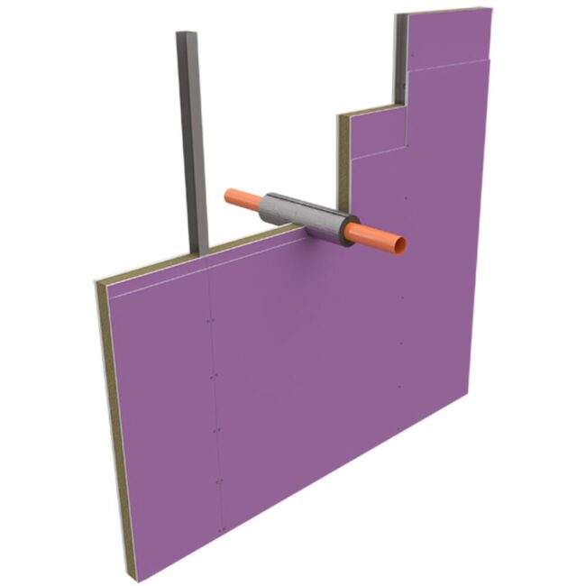 3D diagram of a wall with purple insulation panels and an orange pipe passing through it horizontally.
