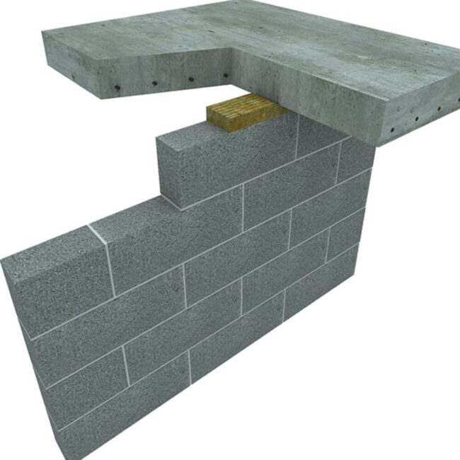 3D illustration of a concrete slab supported by a block wall with a wooden shim in between.