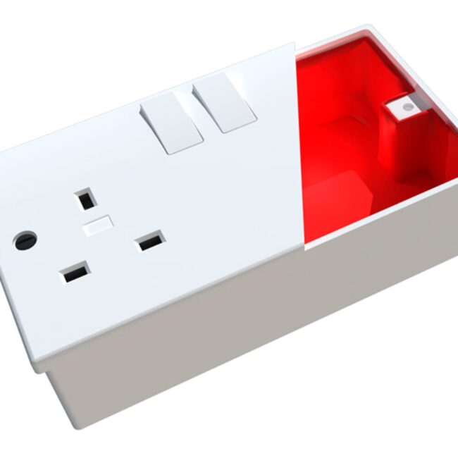 A white electrical socket partially peeled back to reveal a bright red interior.