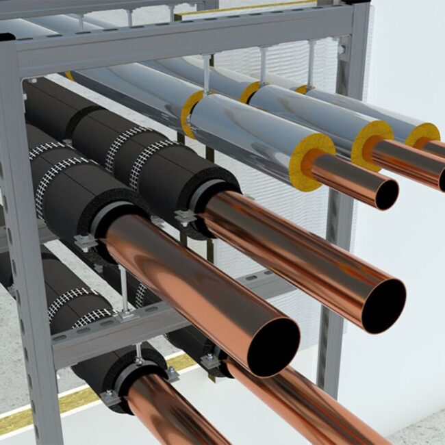 Close-up of insulated and non-insulated copper pipes mounted on a metal frame for HVAC or plumbing systems.