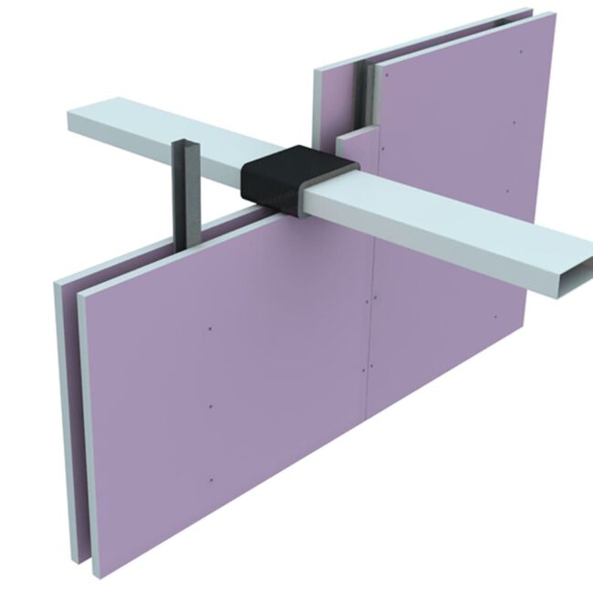 3D render of a beam passing through a wall with a black firestop collar around the beam opening.