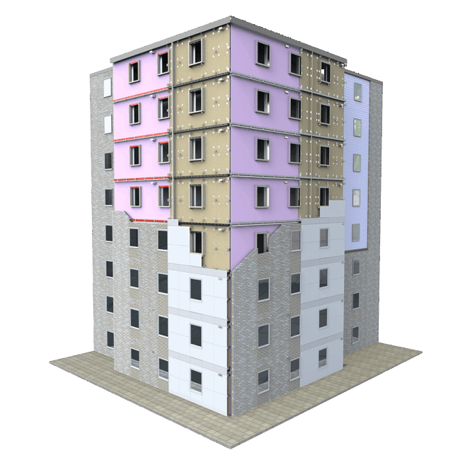 3D model of a multi-story building showing layers of exterior wall insulation and cladding in various stages.
