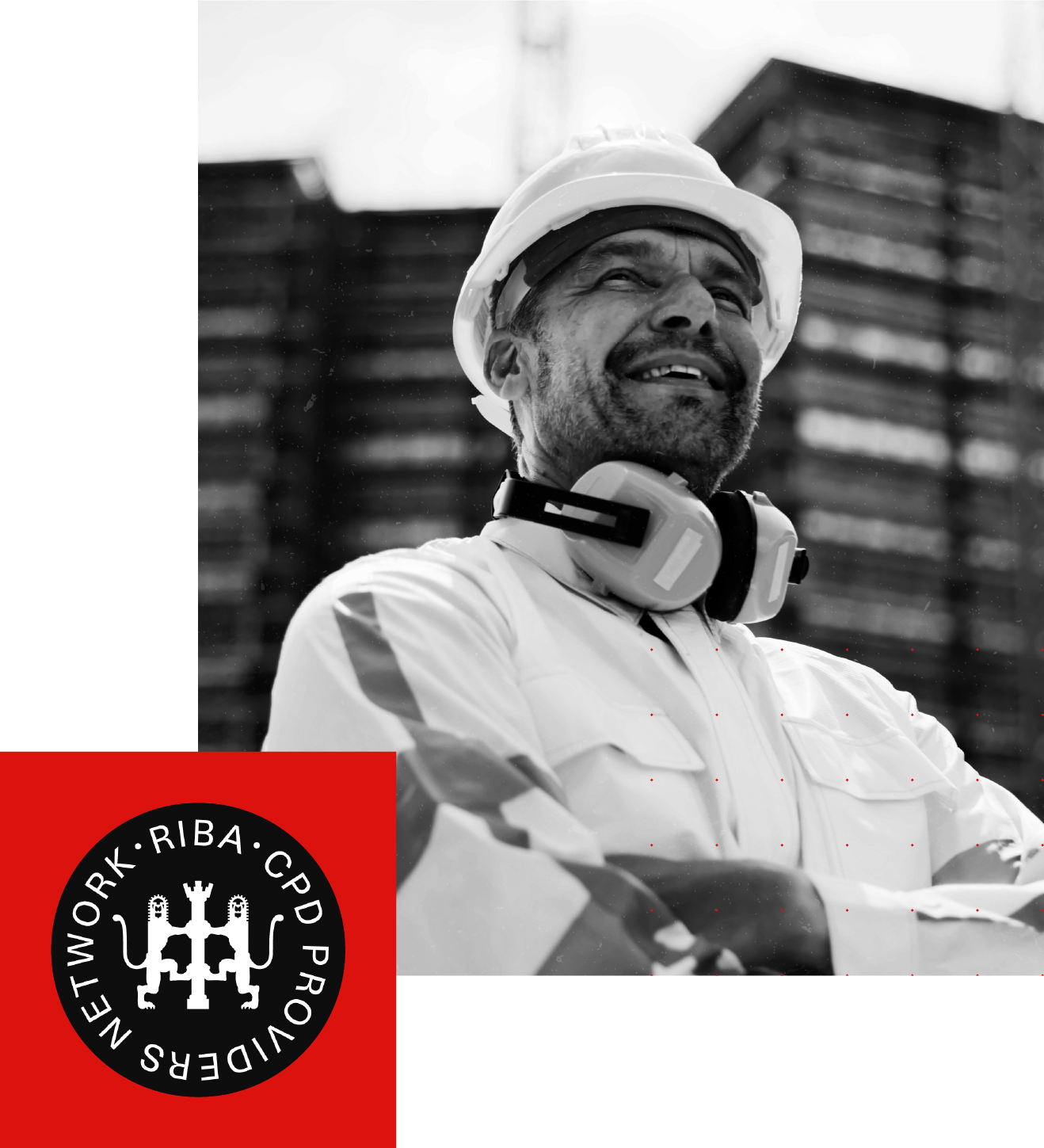 A smiling construction worker in a hard hat and headphones stands on site; RIBA CPD Providers Network logo is visible.