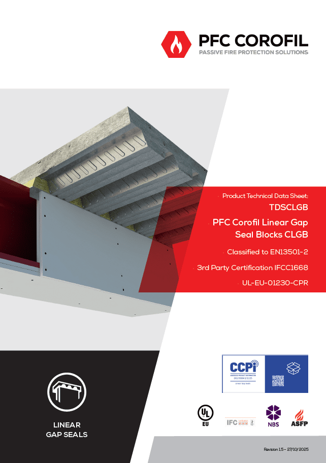 PFC Corofil Linear Gap Seal Blocks brochure cover featuring product info and certifications.