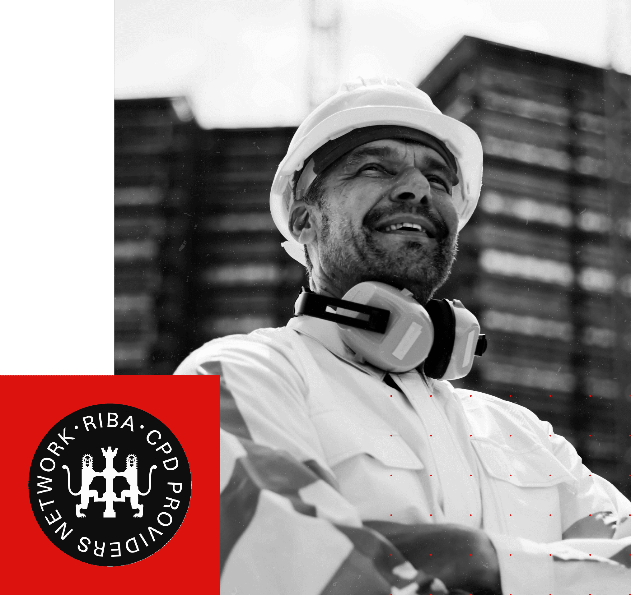 Construction worker smiling in hard hat and headphones, beside RIBA CPD Providers Network logo.