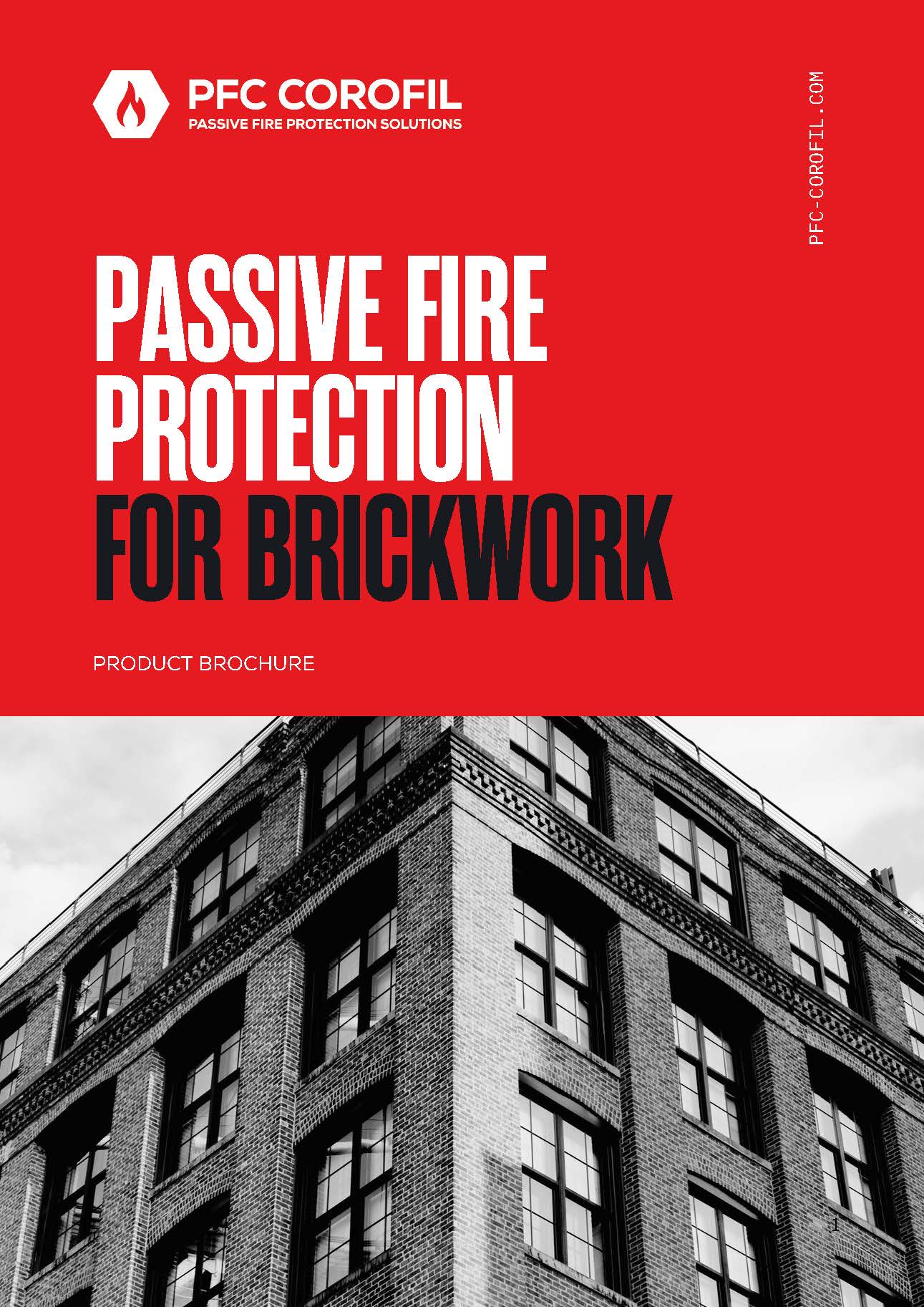 Red and white brochure cover featuring a black-and-white photo of a brick building exterior.