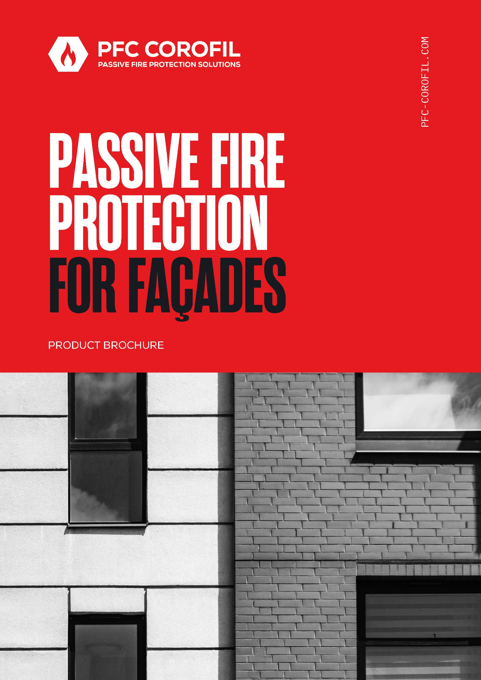 Brochure cover with red header, building photo, and text: PASSIVE FIRE PROTECTION FOR FAÇADES.
