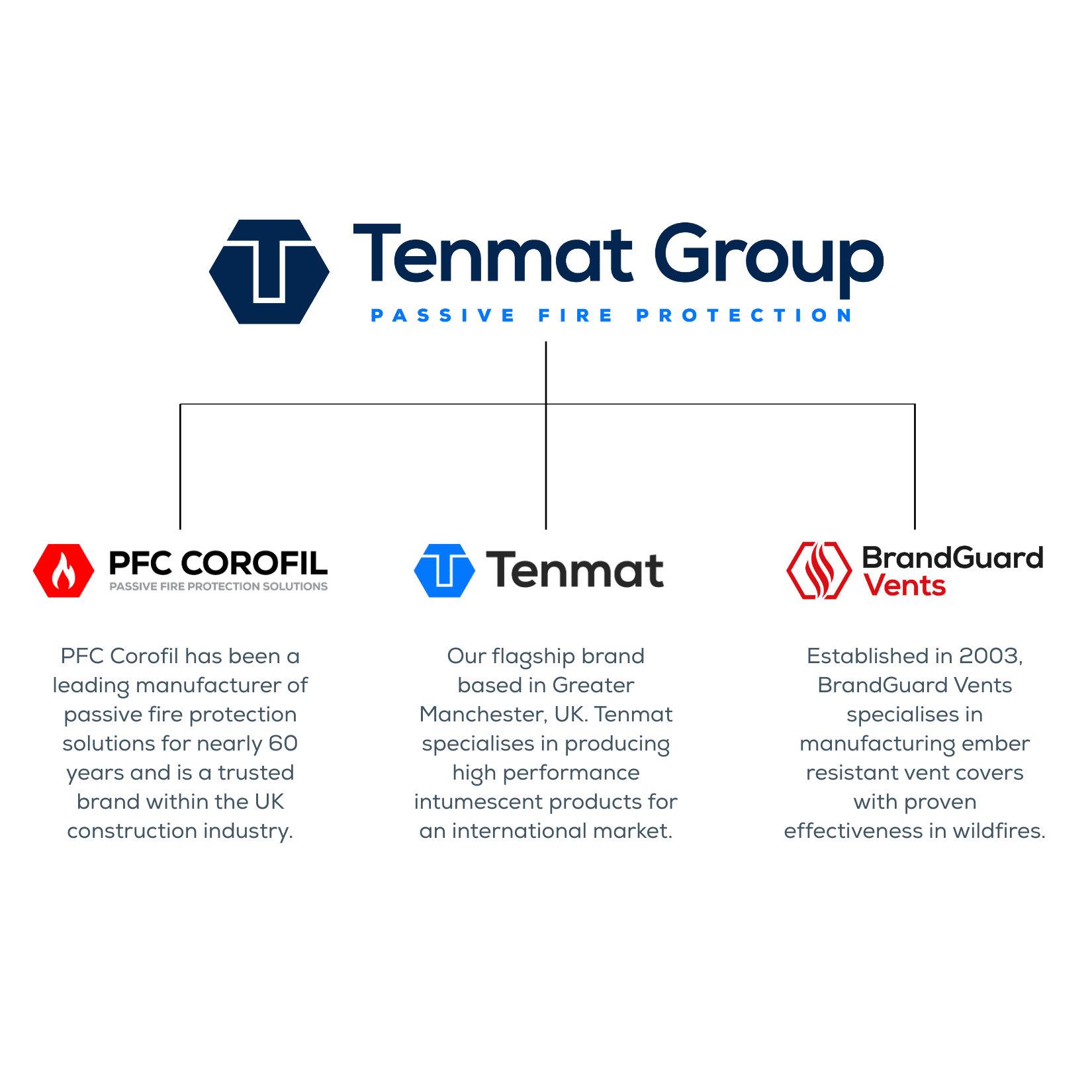 Tenmat Group and its three brands, each highlighted with their unique specialty.